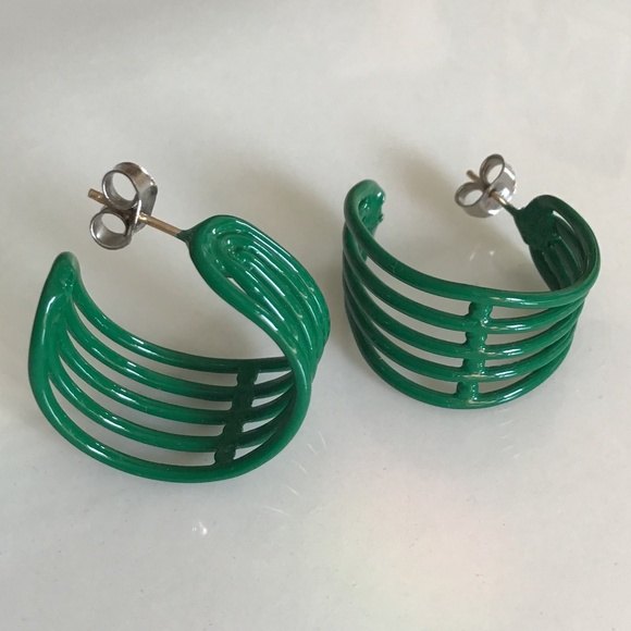 Vintage 1980s Hoop Earrings Pierced Green Retro Disco - Picture 14 of 16